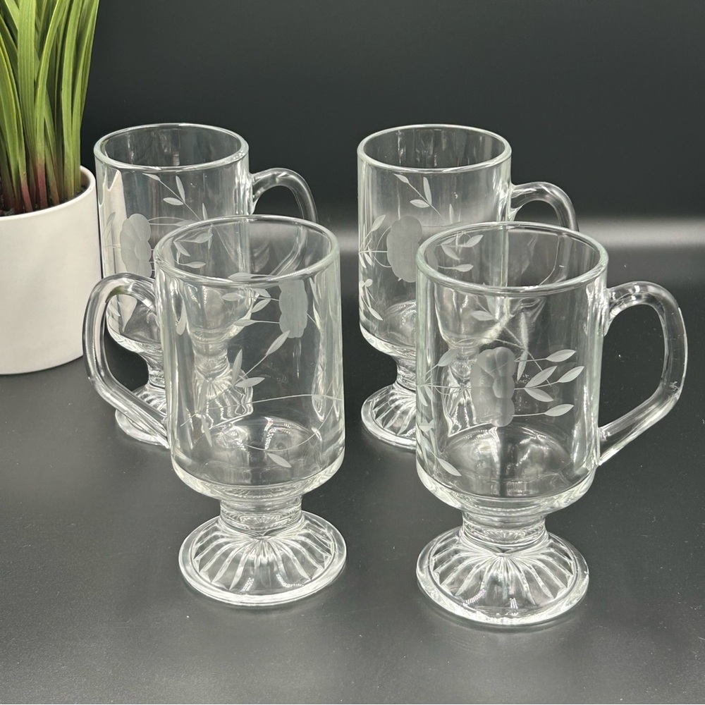 PRINCESS HOUSE CRYSTAL ETCHED "HERITAGE" GLASS PEDESTAL IRISH COFFEE MUGS 8 OZ